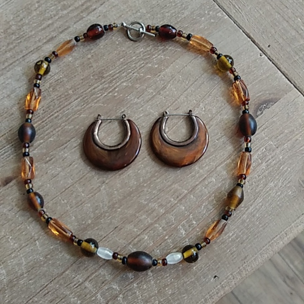Brown Boho Stament Earrings Hoops & Brown  Beaded Necklace - Picture 3 of 17